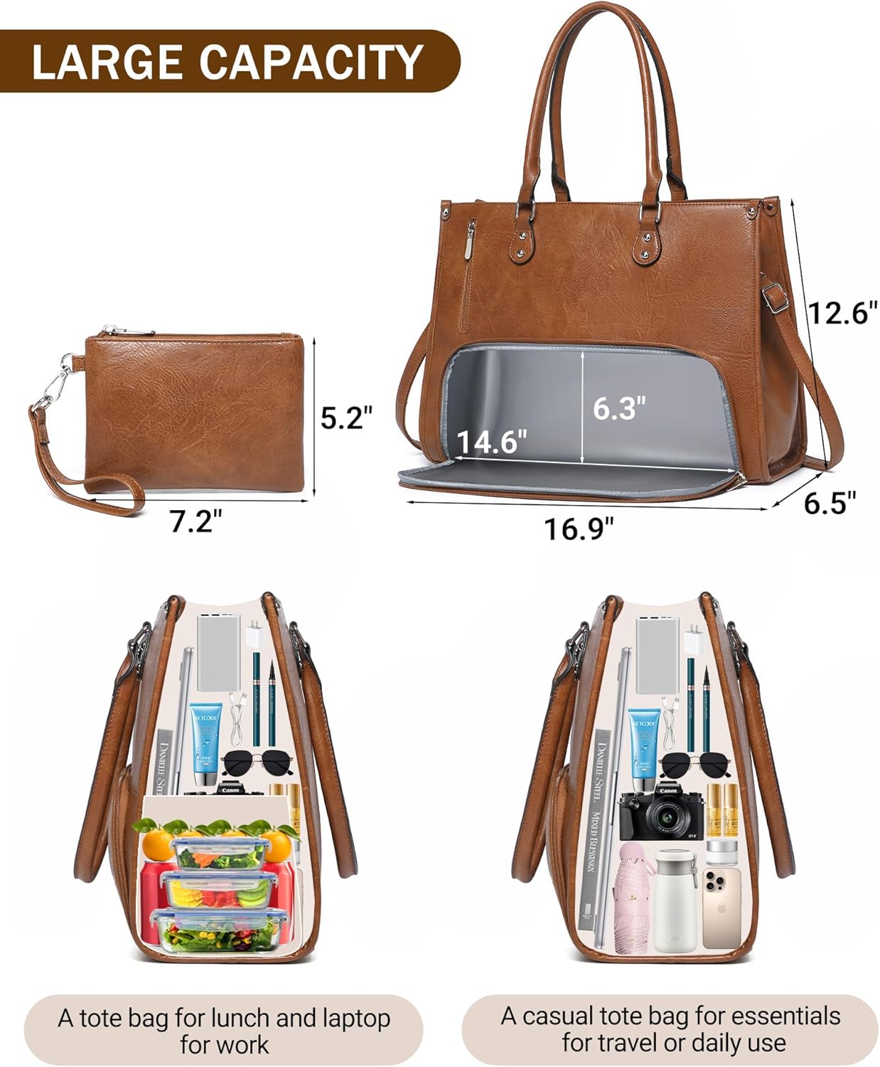 Leather Work Laptop Bag - Bolso Tote 2 en 1 para