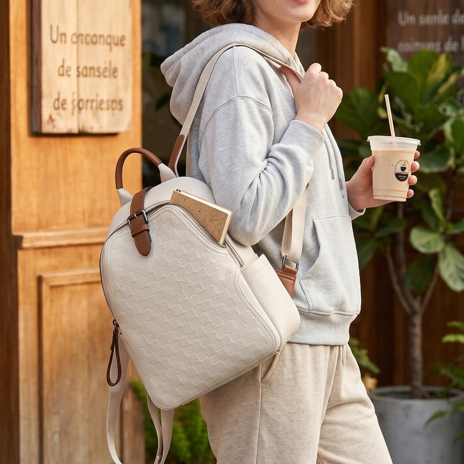 Leather Work Womens Backpack - Mochila de cuero PU a cuadros